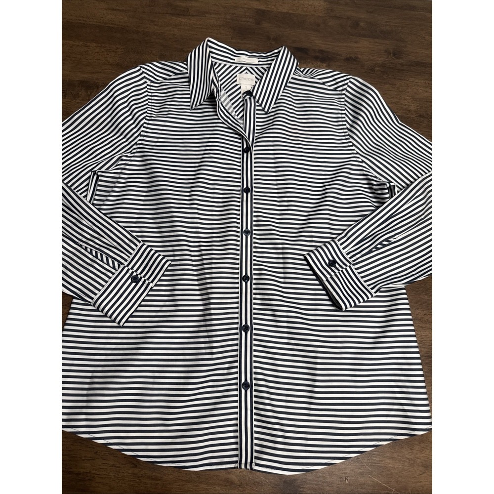 Chico's No Iron Women's Striped Button Down Shirt Size 1 Long Sleeve Black White